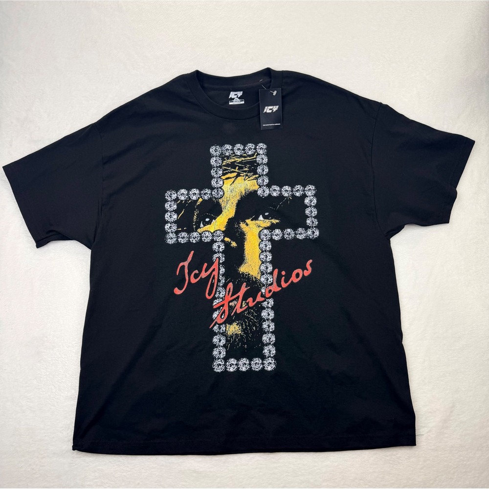 Icy Studios Mens 3XL Black Graphic T-Shirt Jesus Cross Diamond Print NEW